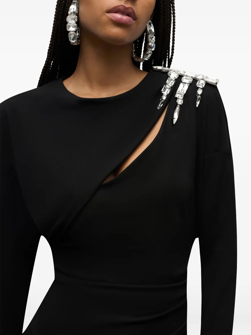 Area Crystal Cluster Draped Long Sleeve Jersey Minidress In Black