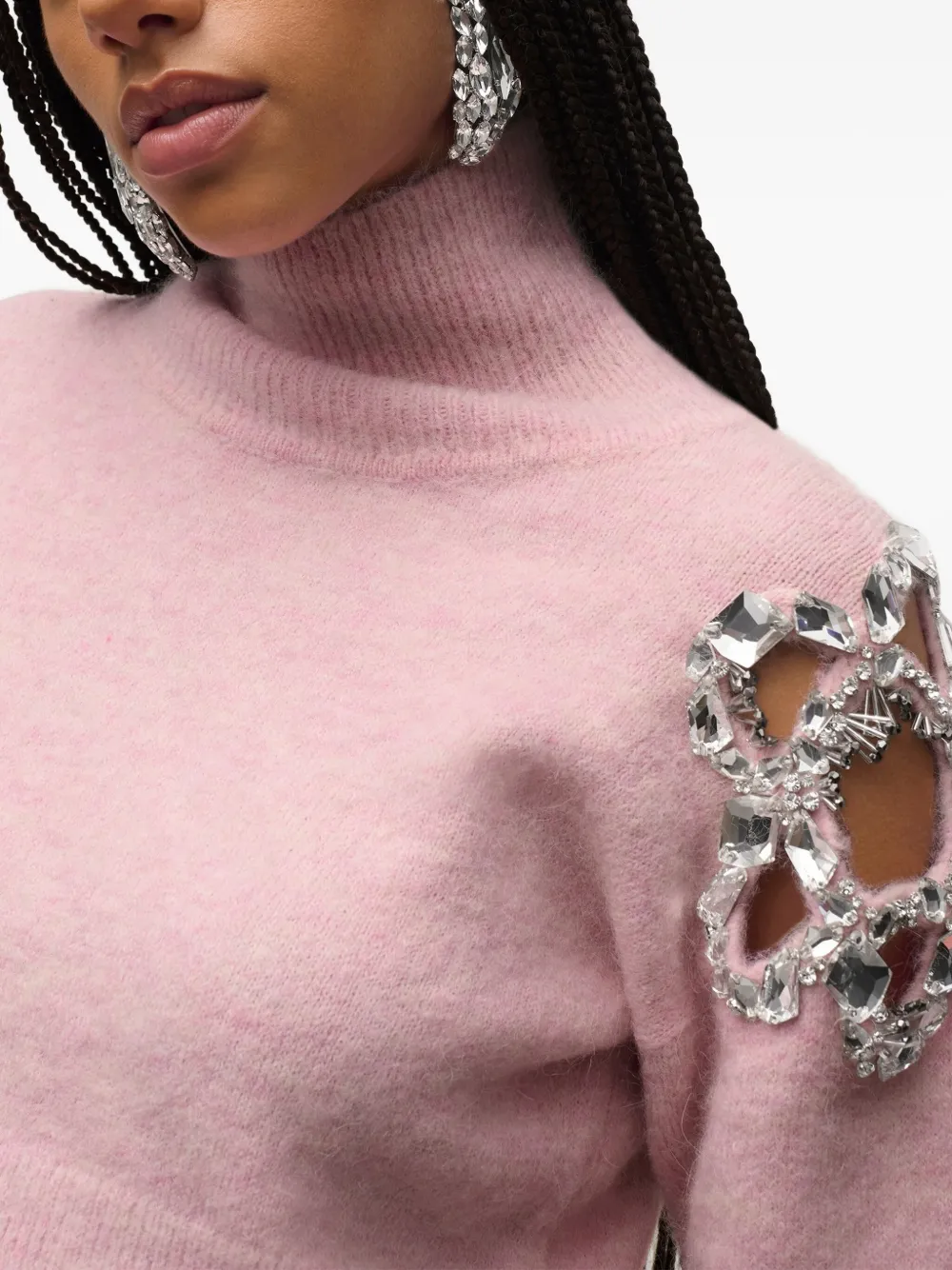 Area Crystal-cluster Flower Turtleneck Sweater In Pink