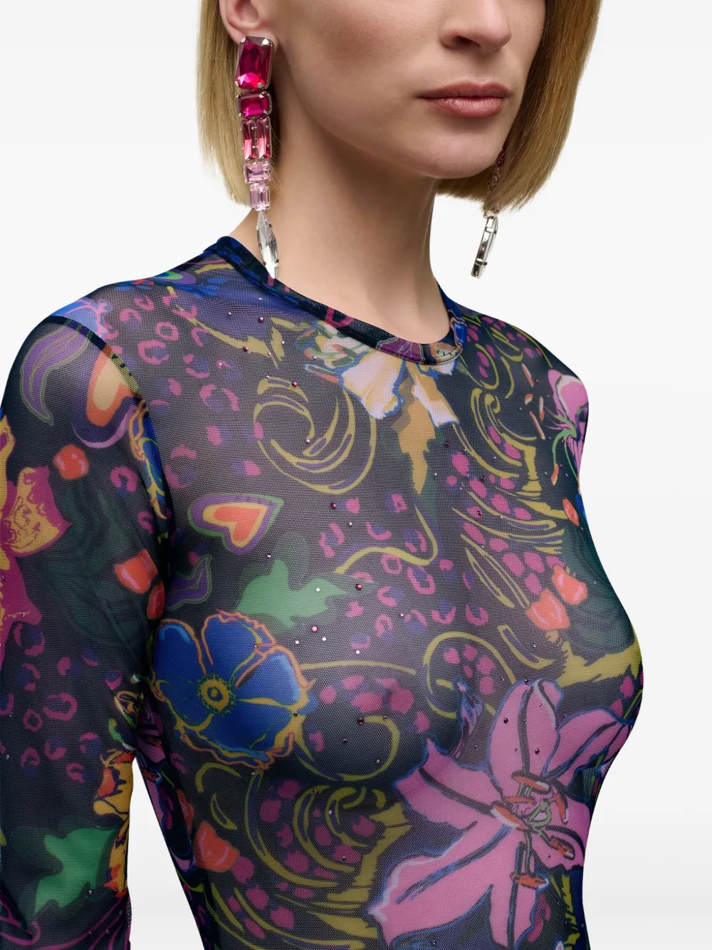 Area Hotfix Printed Long Sleeve Tulle Minidress In Multi