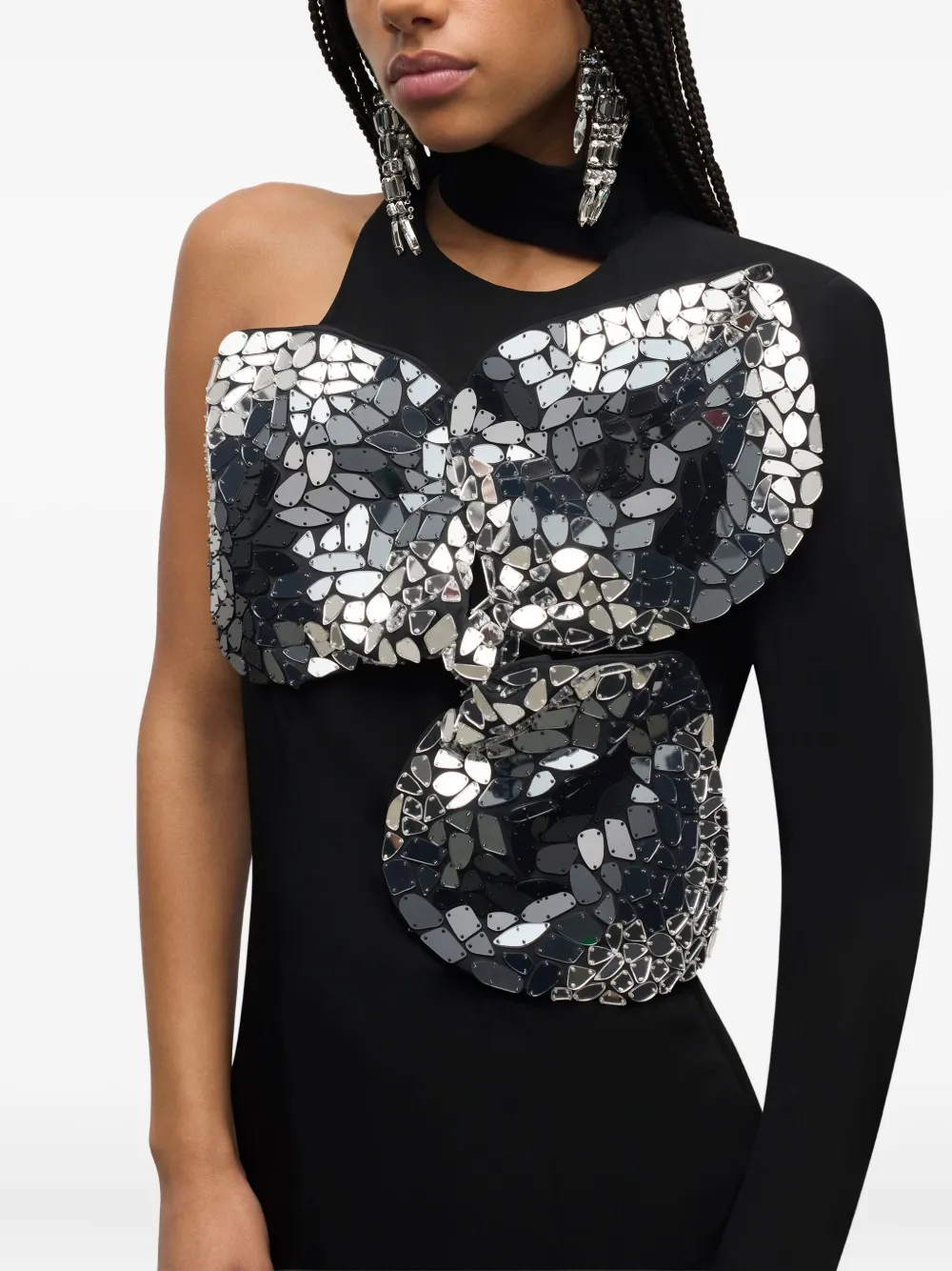 AREA Avondjurk met borduurwerk en kristallen Zwart