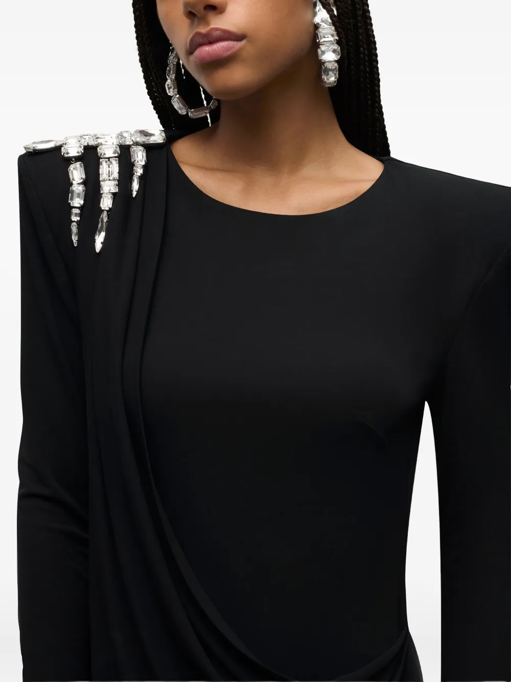 AREA Gedrapeerde avondjurk met kristallen en lange mouwen Zwart