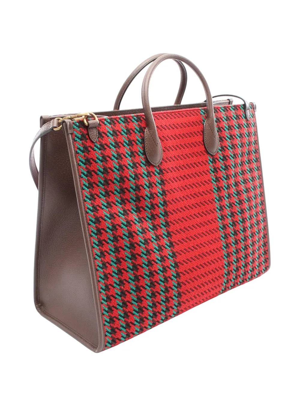 Pre-owned Gucci 2016-2025 Interlocking G Tweed Houndstooth Stripe Satchel In Red