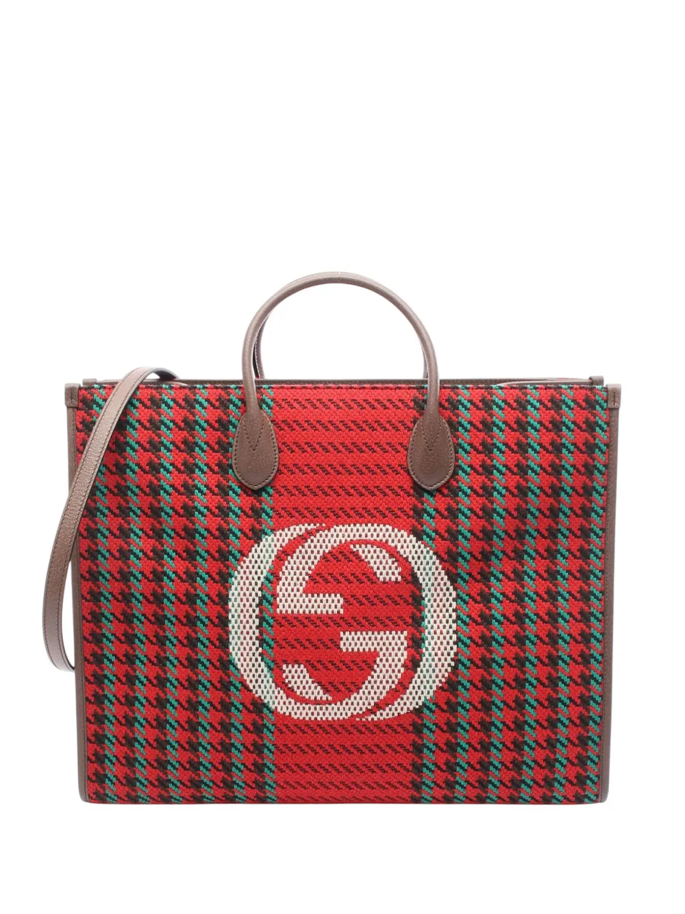 Gucci Pre-Owned 2016-2025 Interlocking G Tweed Houndstooth Stripe satchel | Red | Image 1