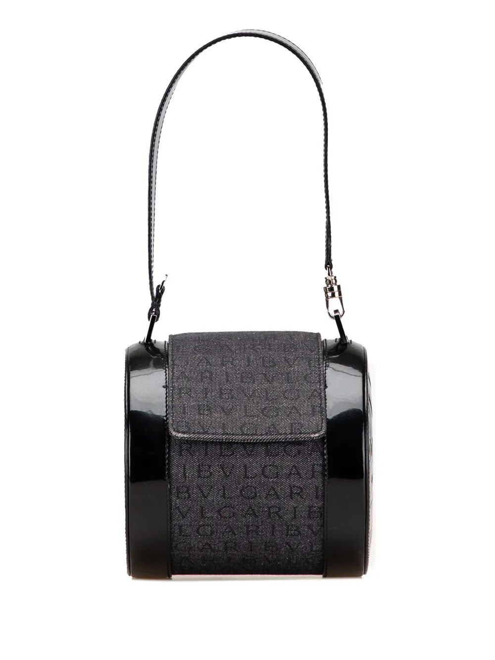 Pre-owned Bvlgari 2010-2025 Mini Logomania Denim B Zero1 Cylinder Flap Shoulder Bag In Black