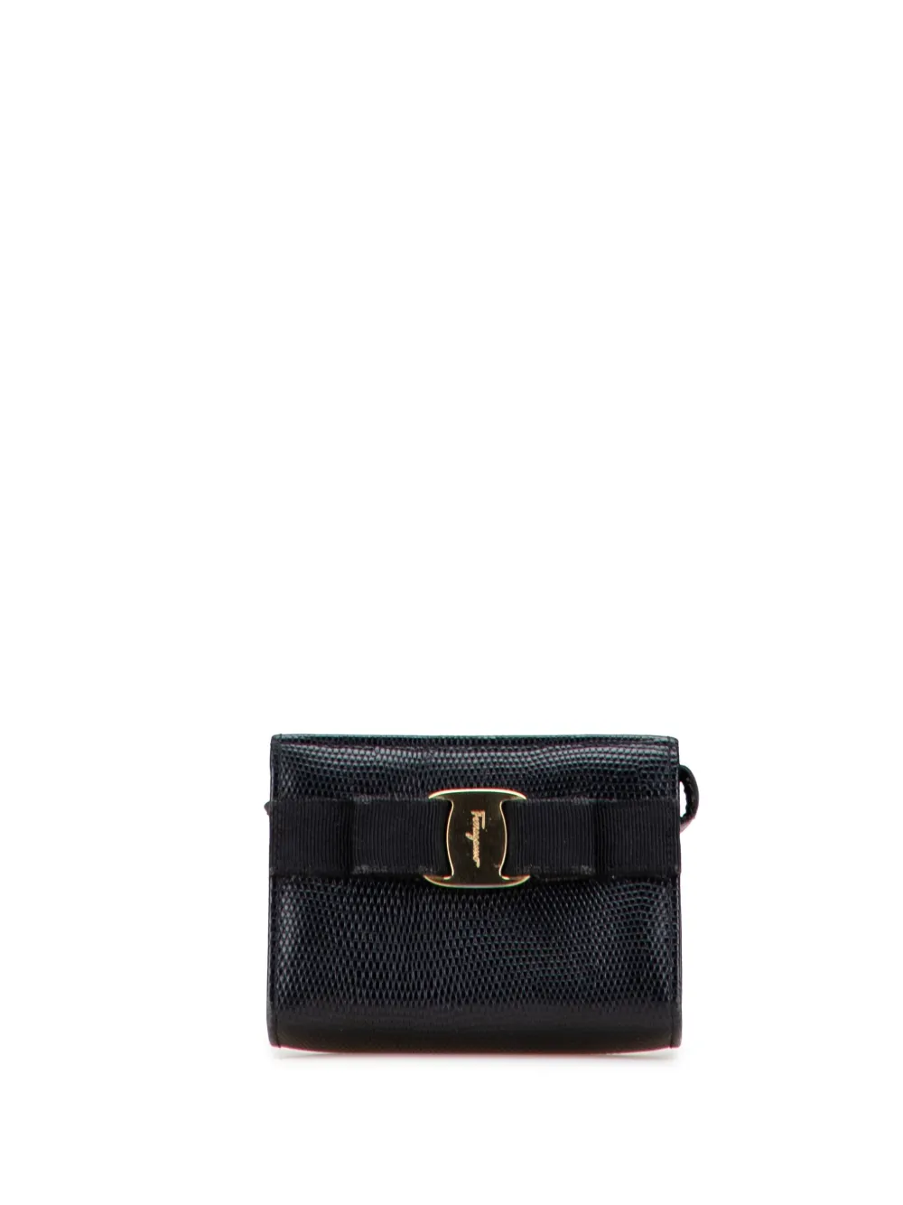 Pre-owned Ferragamo 2007-2024 Embossed Lizard Leather Vara Bow Pouch In Black