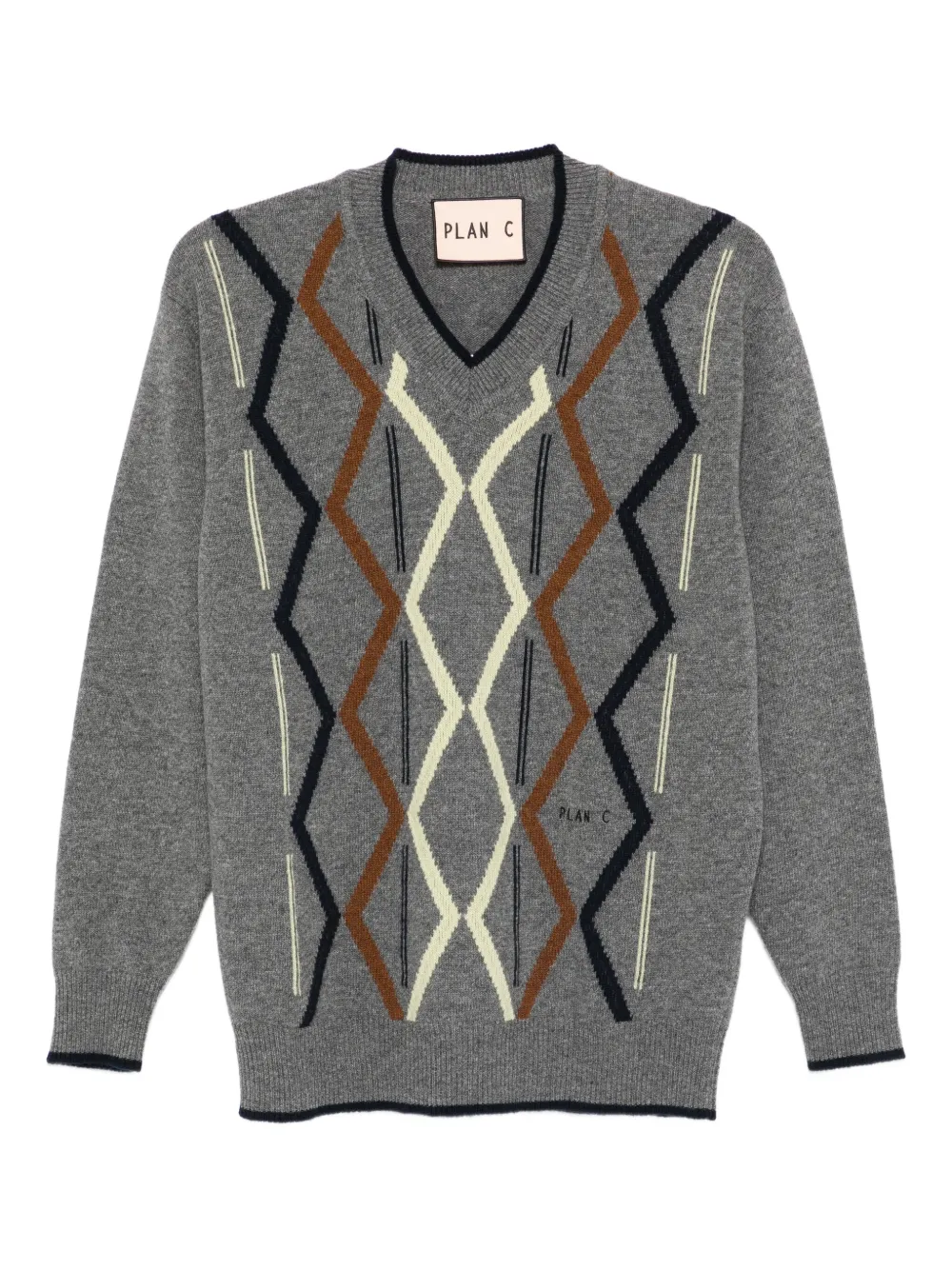 Plan C argyle-knit jumper - グレー Plan C argyle-knit jumper - グレー