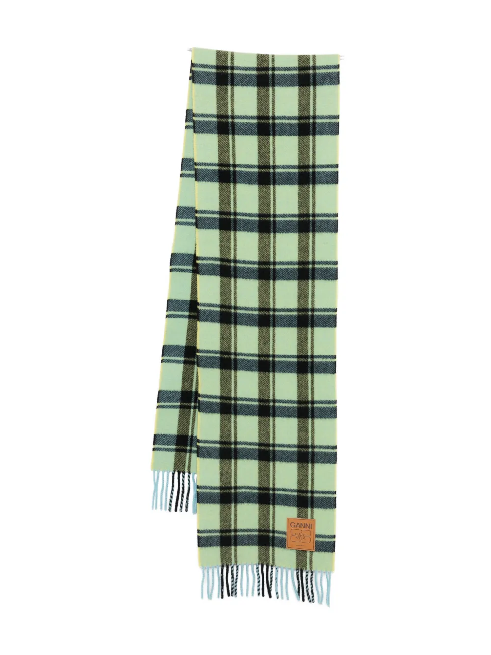 Ganni Checked Fringed Scarf In Green