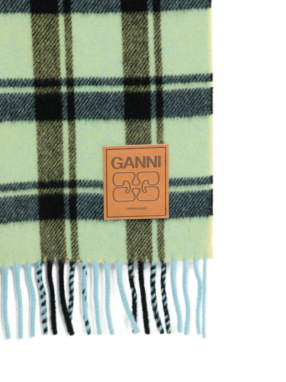 Ganni Checked Fringed Scarf In Green