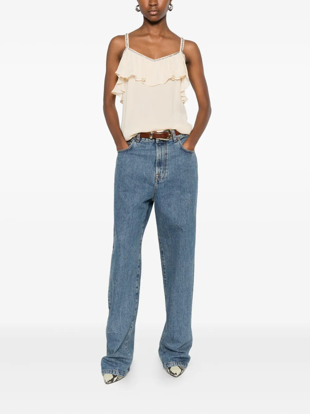 Twinset Ruffled Rhinestone-embellished Top In Neutral