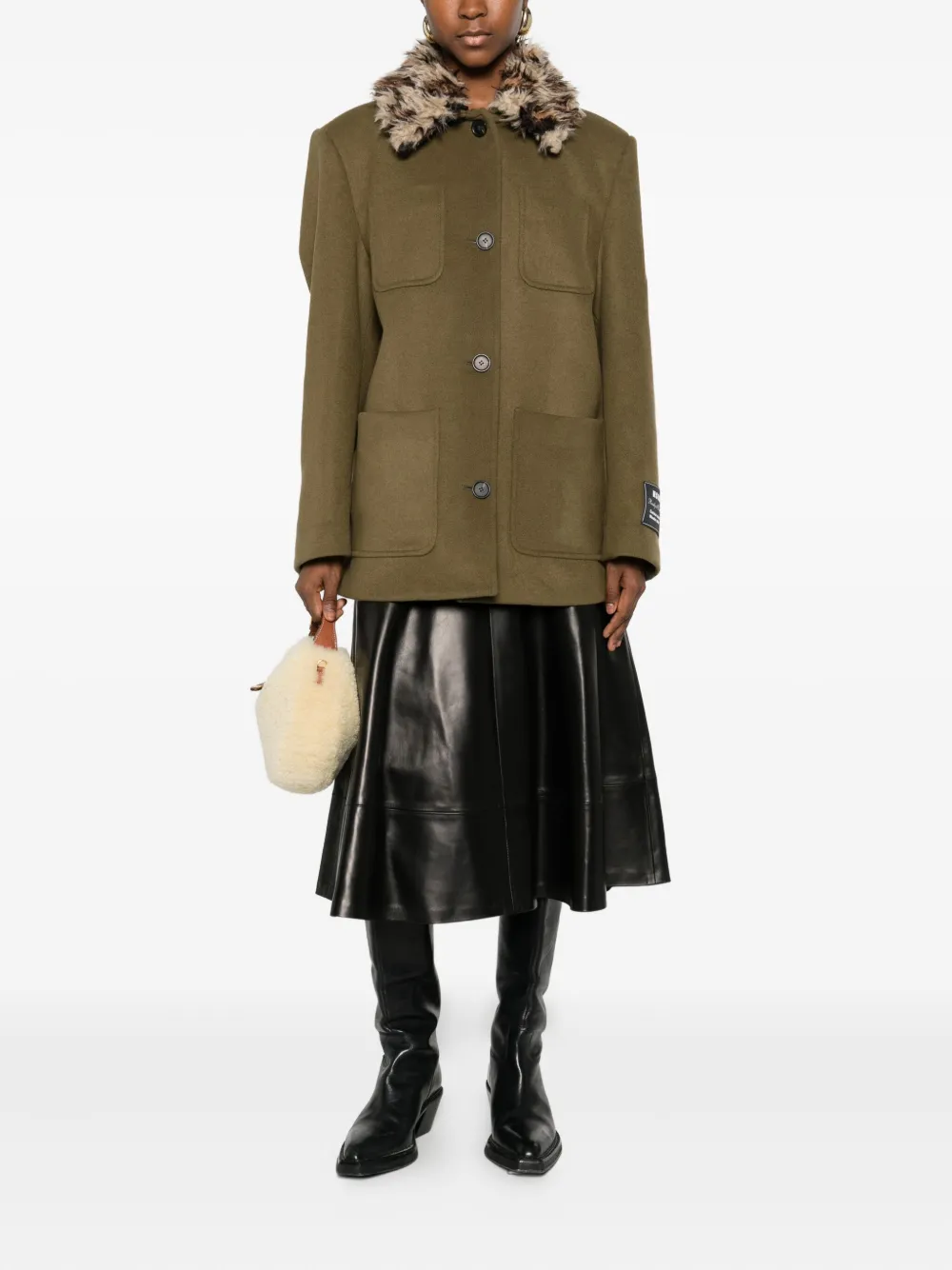 Msgm Faux-fur Collar Coat In Green
