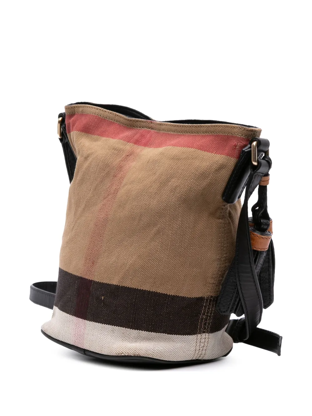 Pre-owned Burberry 2000-2017 Mini Mega Check Canvas Ashby Tassel Bucket Bag In Brown