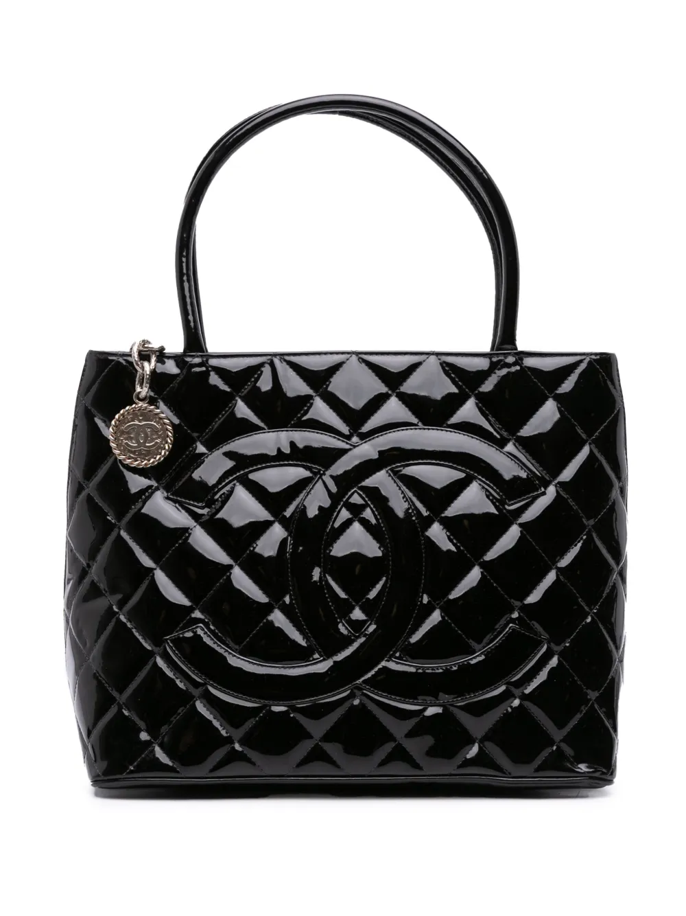 CHANEL Pre-Owned 2000-2002 パテント メダリオン ハンドバッグ - ブラック CHANEL Pre-Owned 2000-2002 パテント メダリオン ハンドバッグ - ブラック