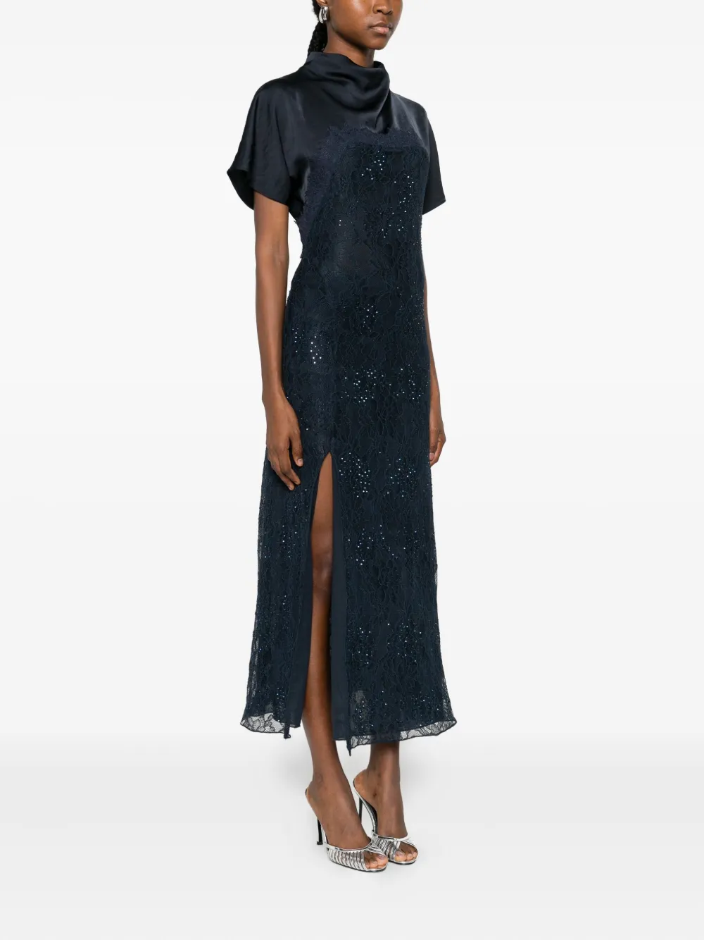 PINKO Jurk met bloemenkant en pailletten Blauw