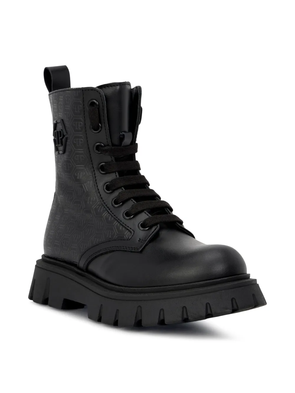 Philipp Plein Junior Hexagon leren combat boots Zwart