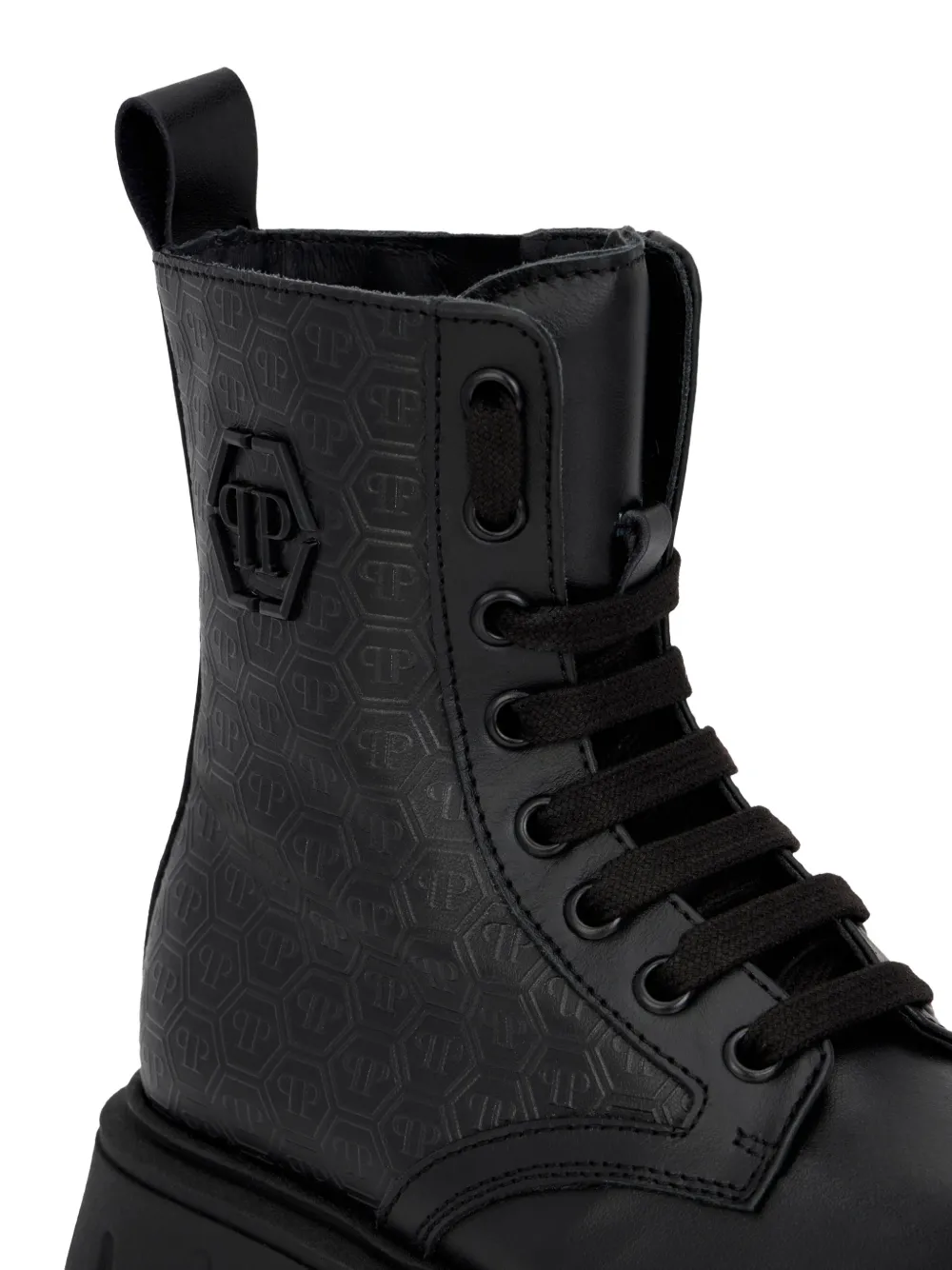 Philipp Plein Junior Hexagon leren combat boots Zwart