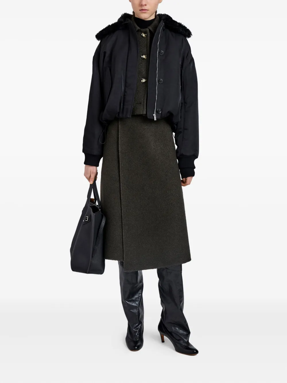 Proenza Schouler Vadra Recycled Nylon Bomber Jacket With Faux Shearling Collar In Black