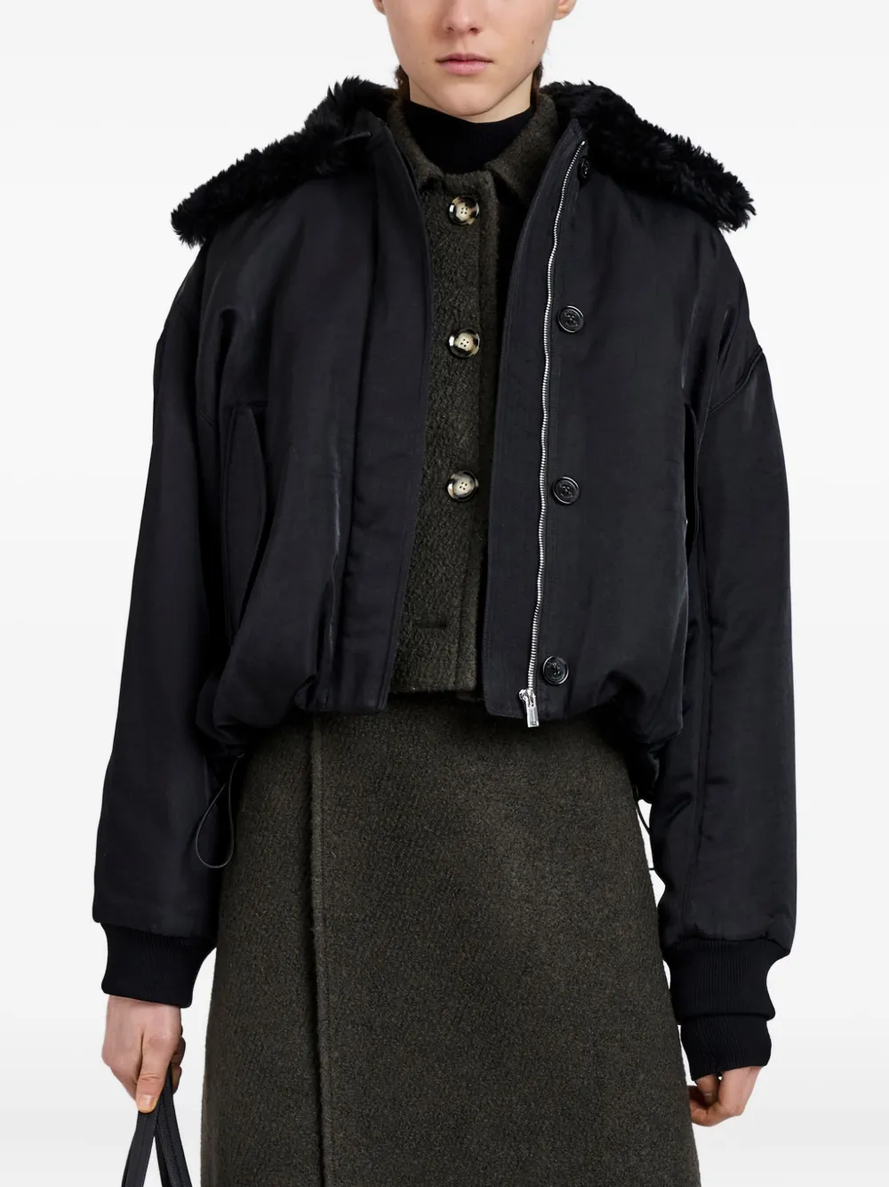 Proenza Schouler Vadra Recycled Nylon Bomber Jacket With Faux Shearling Collar In Black