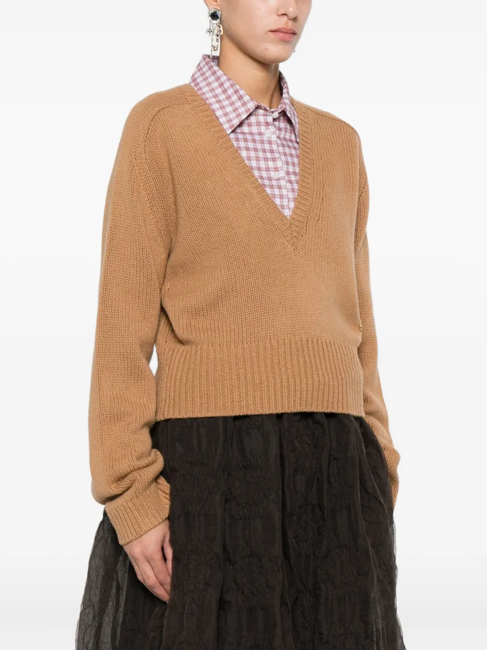 Ganni V-neck Wool Sweater In Brown