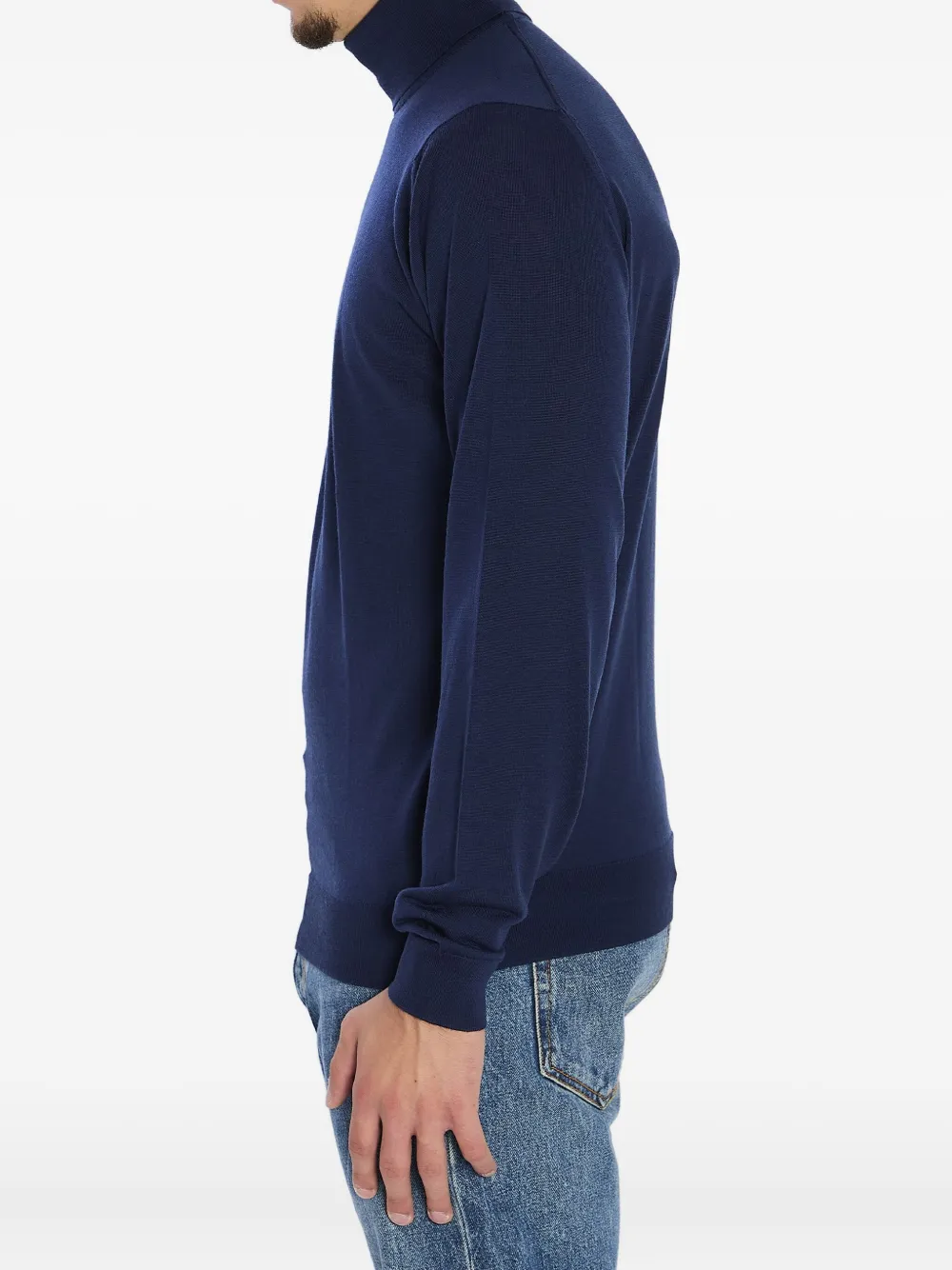 John Smedley Turtleneck Merino Wool Pullover With Ribbed Cuffs In Blue
