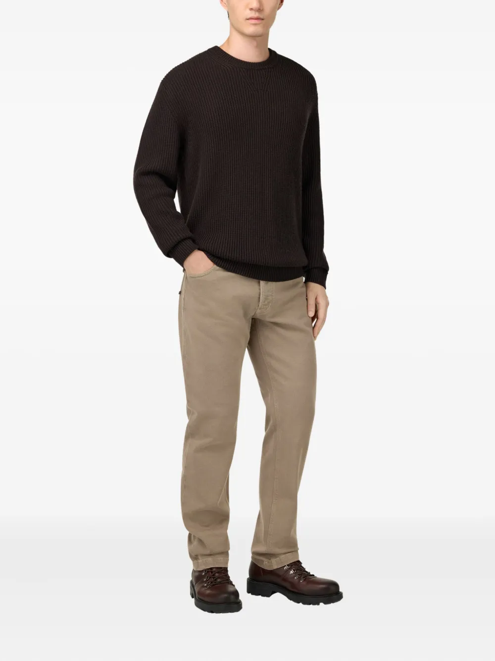 Boggi Milano Geribbelde sweater met ronde hals - Bruin