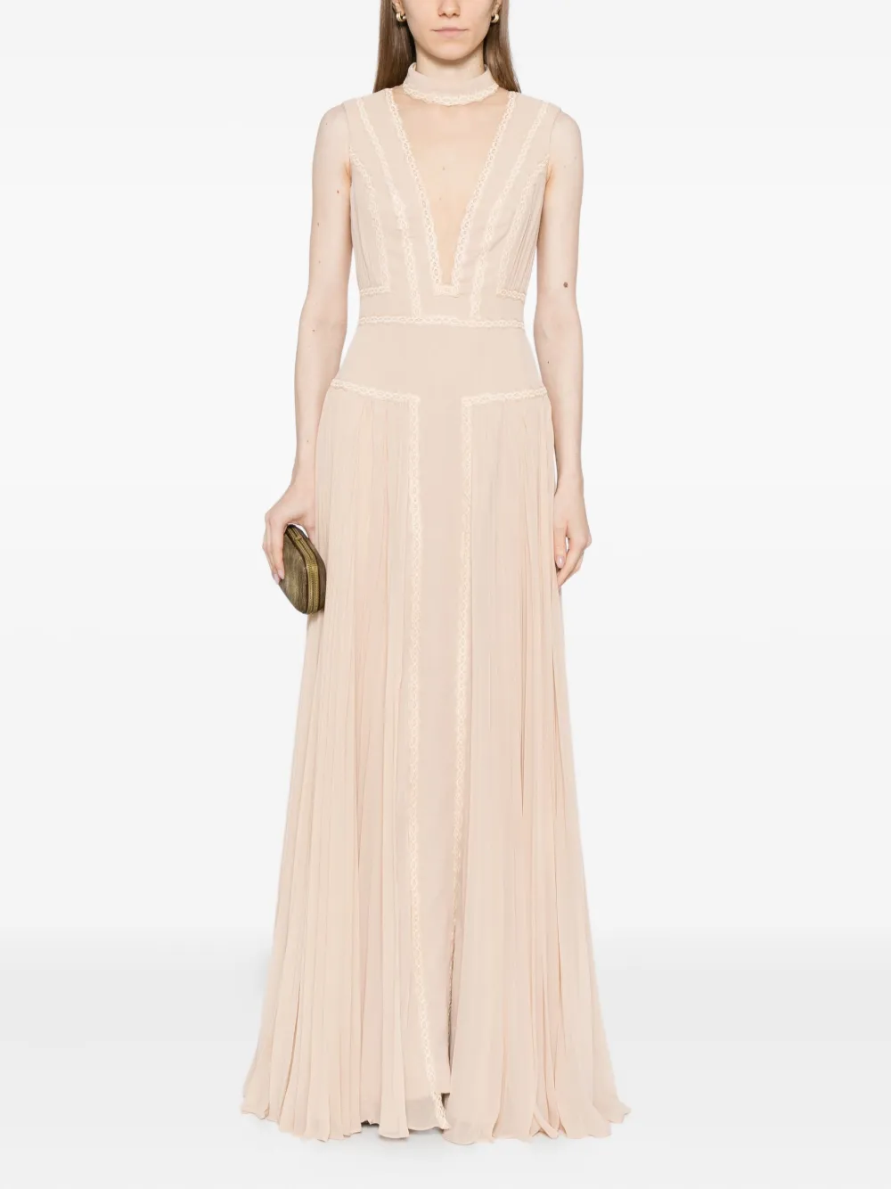 Saiid Kobeisy Georgette avondjurk met afwerking van kant - Beige