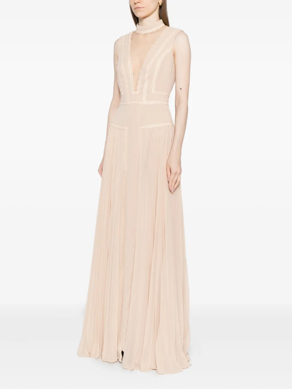 Saiid Kobeisy Georgette avondjurk met afwerking van kant Beige