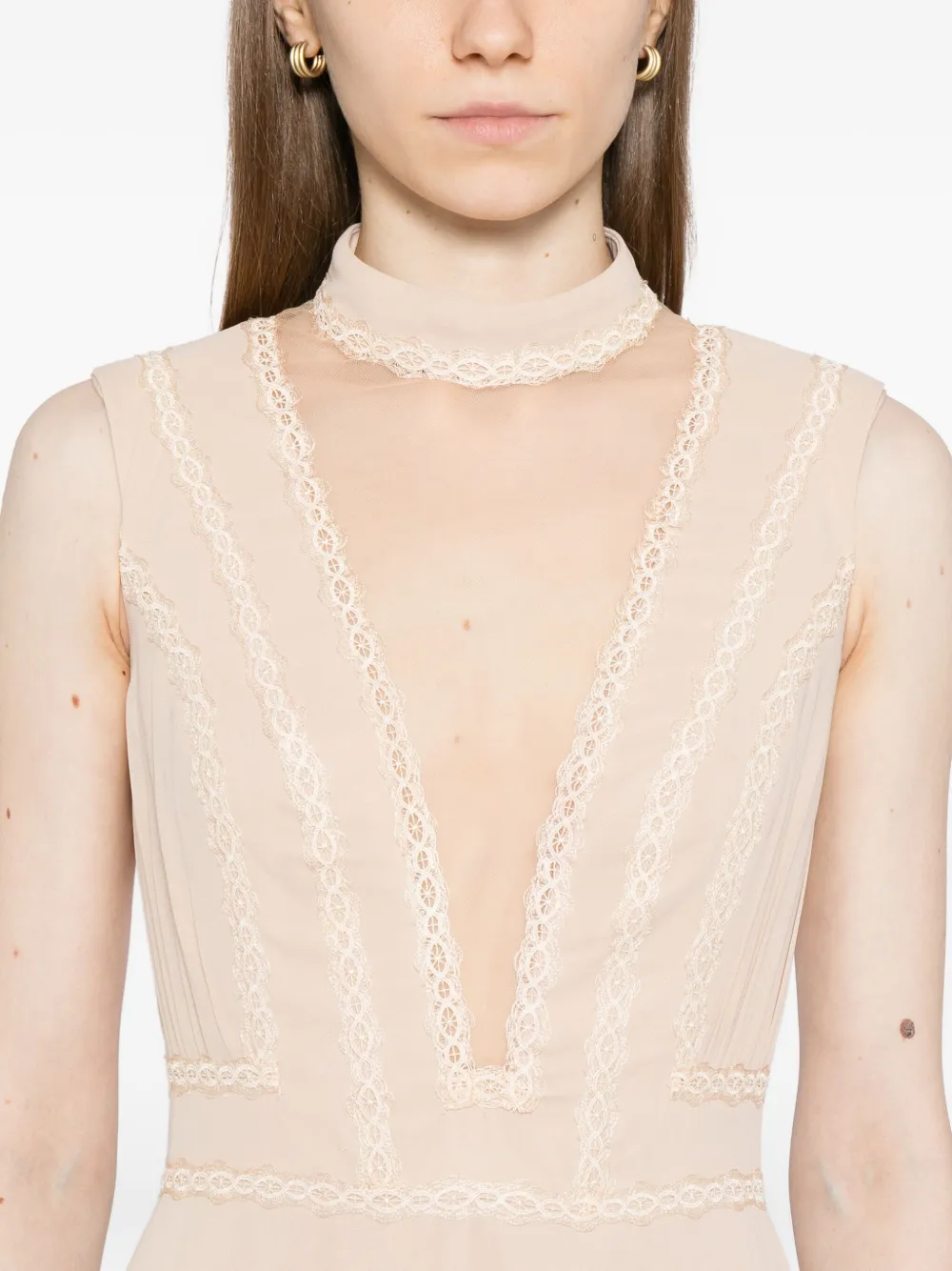 Saiid Kobeisy Georgette avondjurk met afwerking van kant Beige