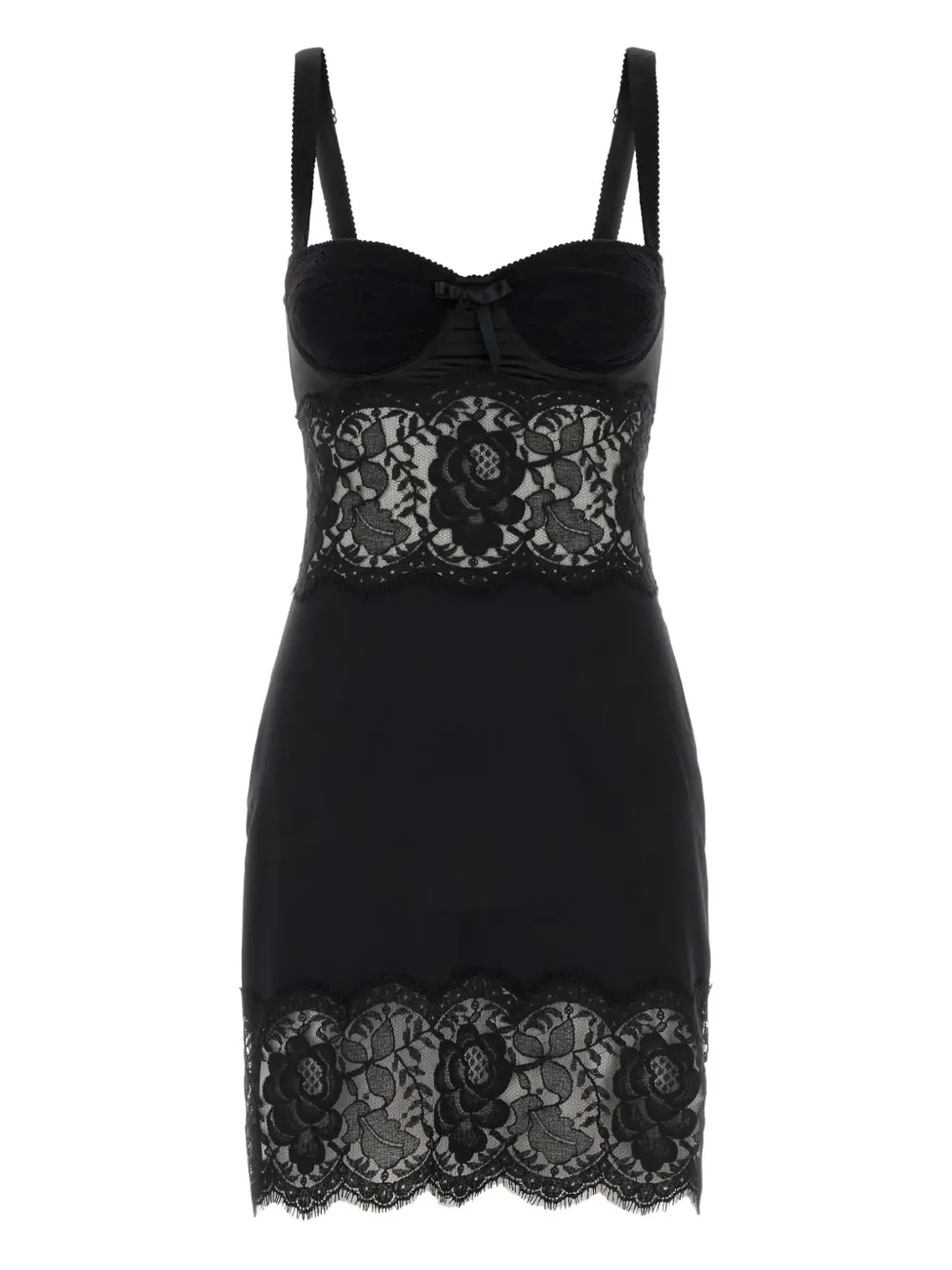 Dolce & Gabbana Satin Dress Featuring Lace And Sheer Panels In Black