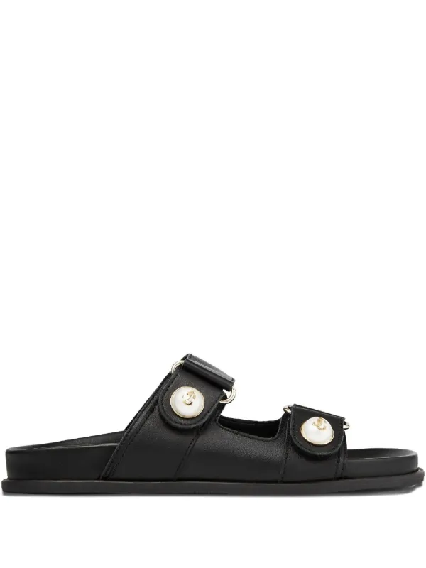 Jimmy Choo Fayence Black Leather Flat Sandals with Pearl Embellishment