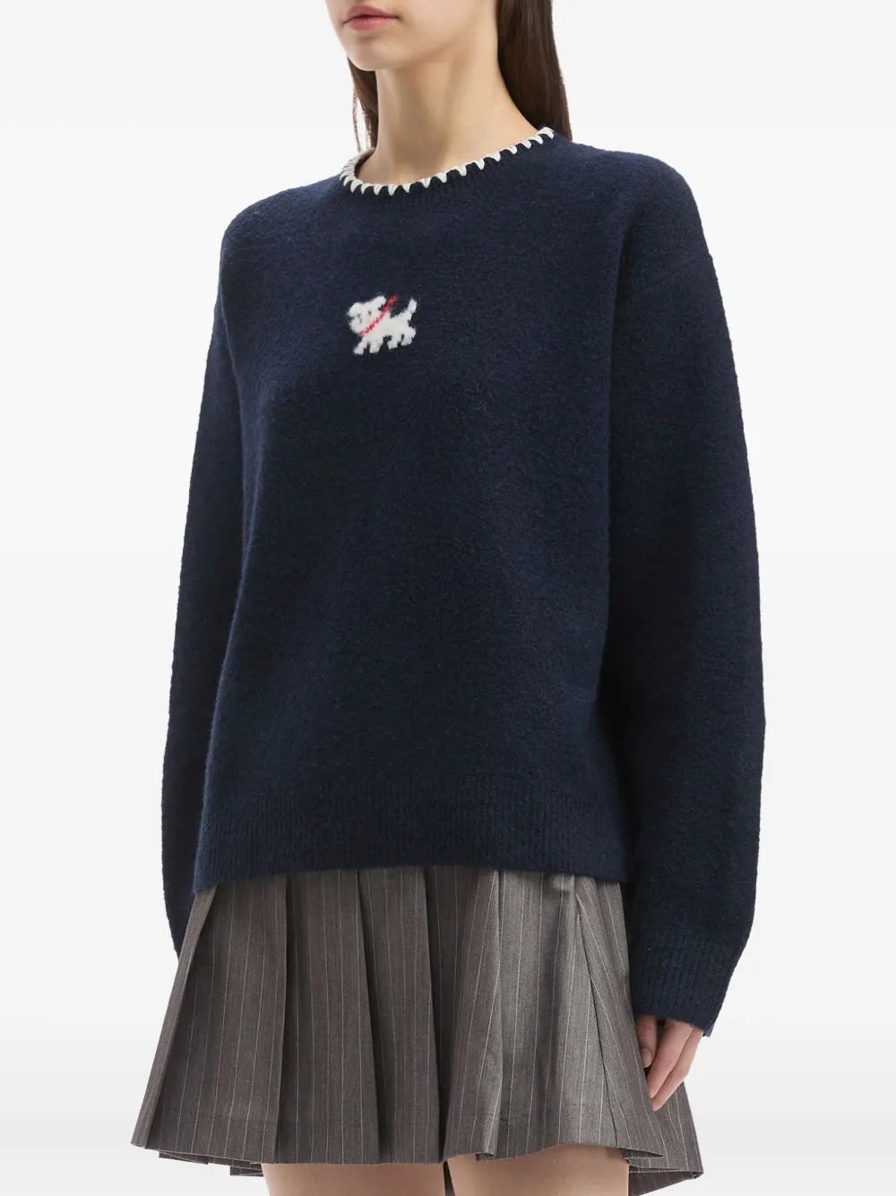Tout A Coup Dog Appliqué Scalloped Sweater In Blue
