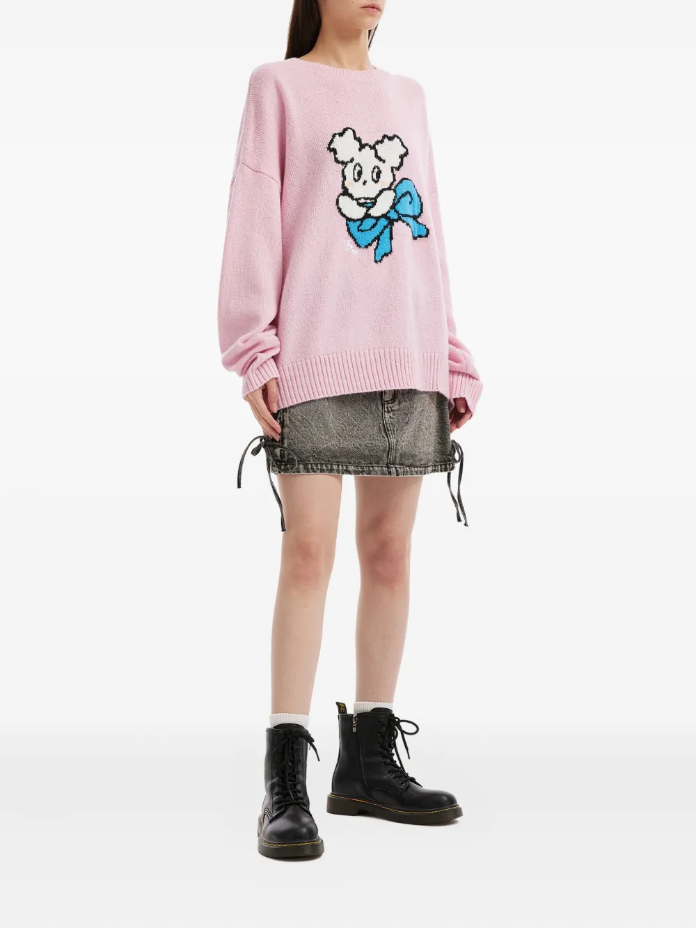 Mini Cream Intarsia-knit Crew-neck Sweater In Pink