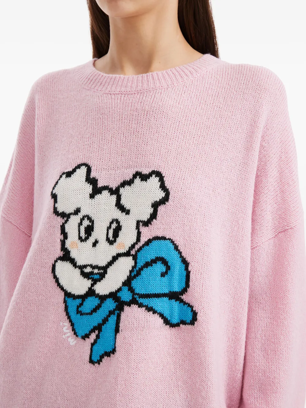 Mini Cream Intarsia-knit Crew-neck Sweater In Pink