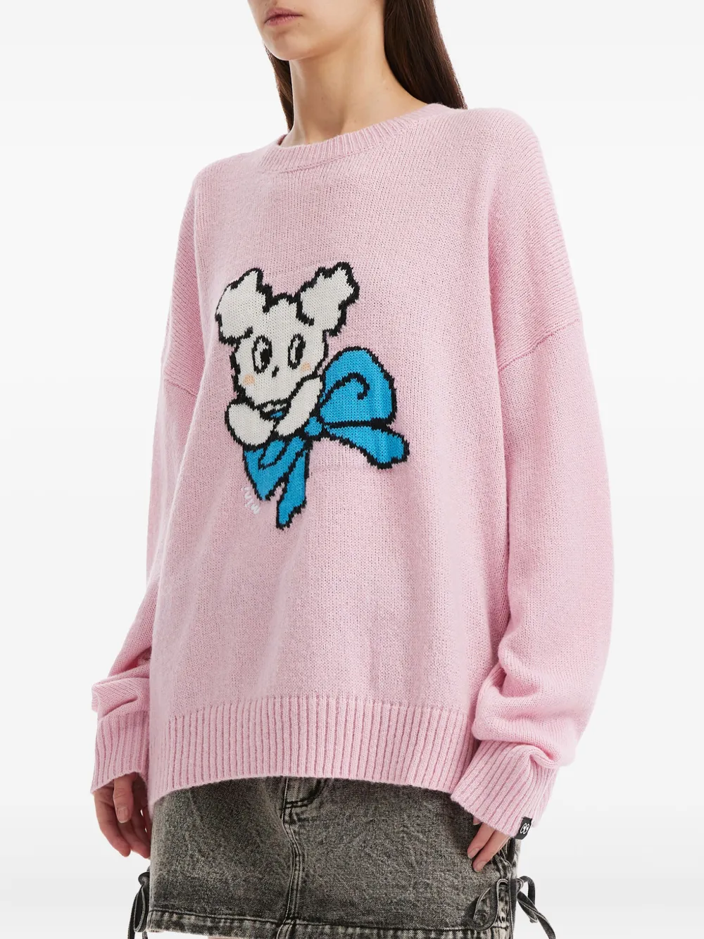 Mini Cream Intarsia-knit Crew-neck Sweater In Pink