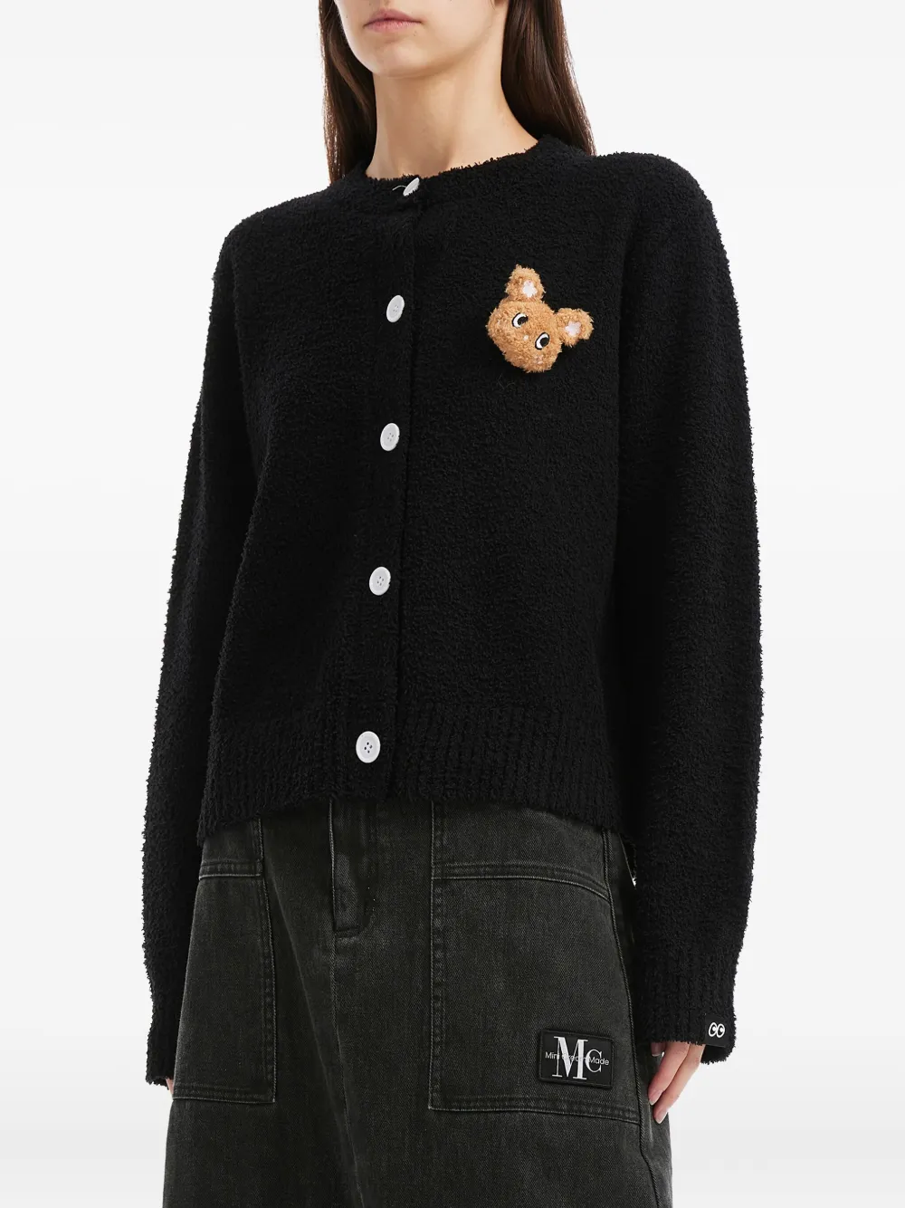 Mini Cream Bear-appliqué Cardigan In Black