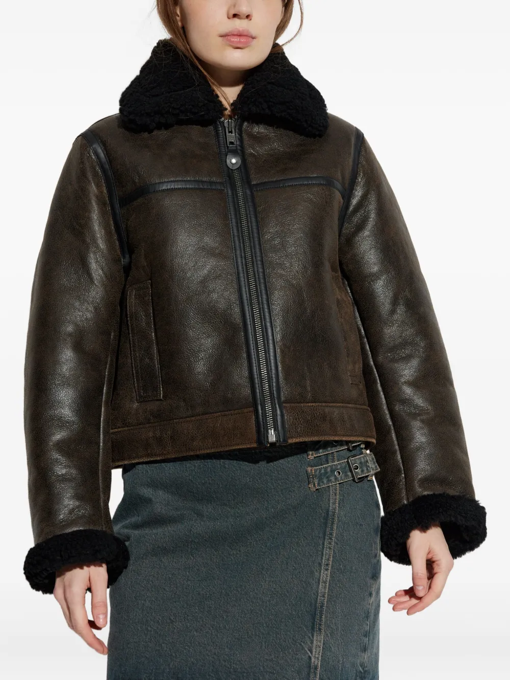 Samsoe & Samsoe Zippered Long-sleeved Leather Jacket In Brown