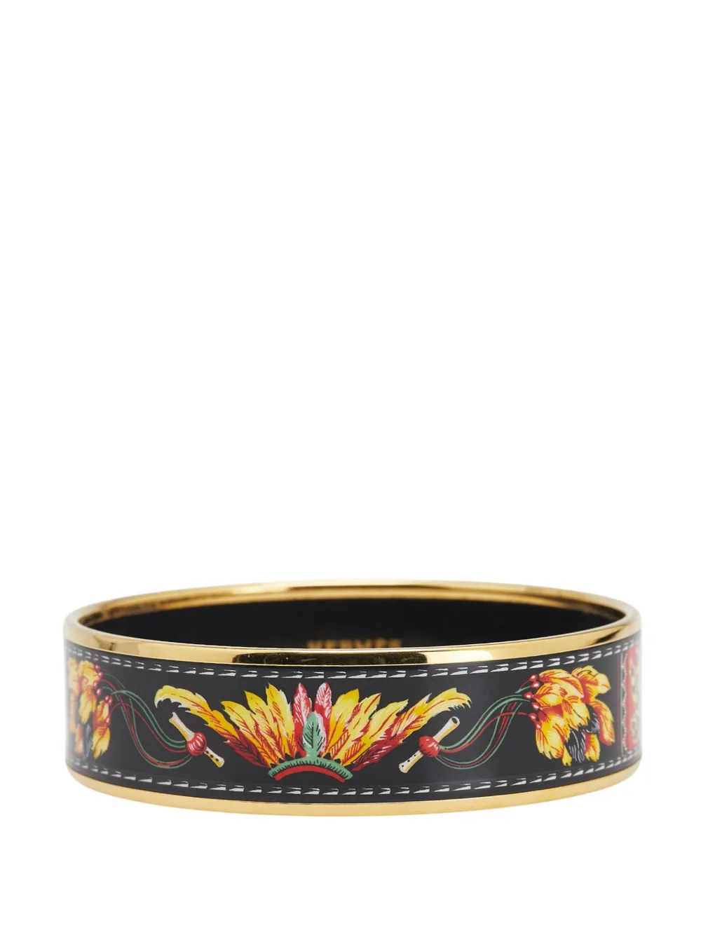 Pre-owned Hermes 20th Century Wide Enamel Brazil Feather Bangle 70 Costume Bracelet In Black