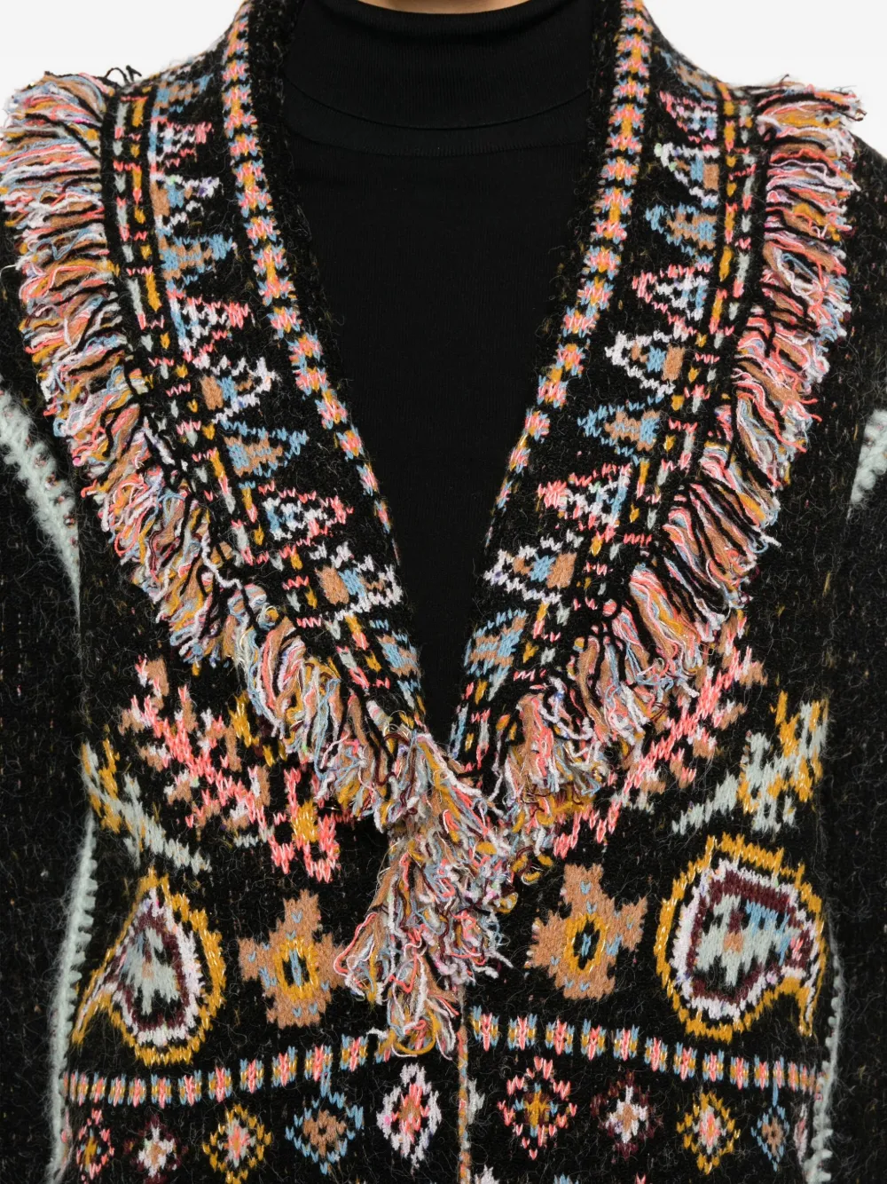 Cecilia Prado Isadora Fringed Patterned Cardigan In Black
