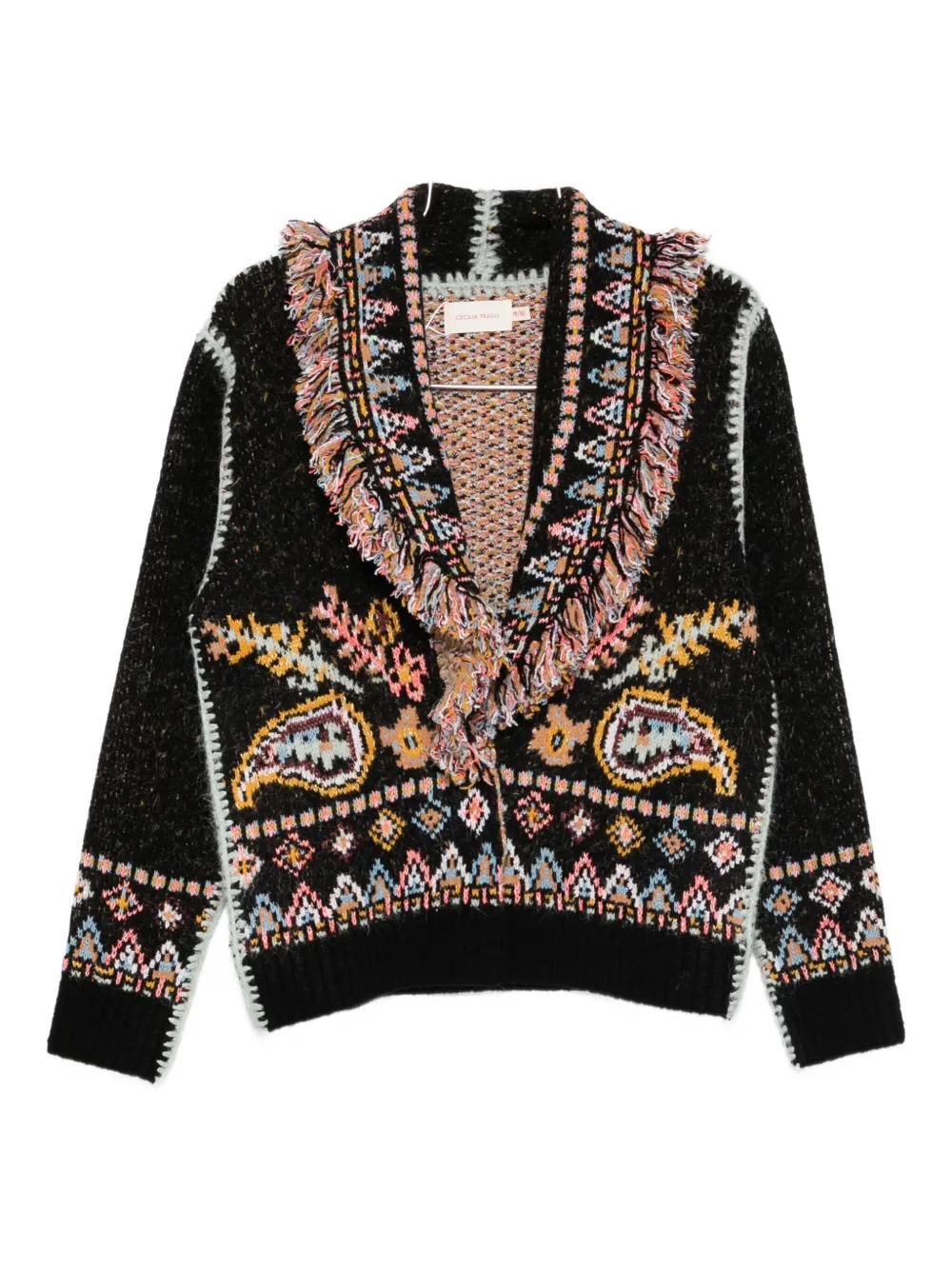 Cecilia Prado Isadora Fringed Patterned Cardigan In Black