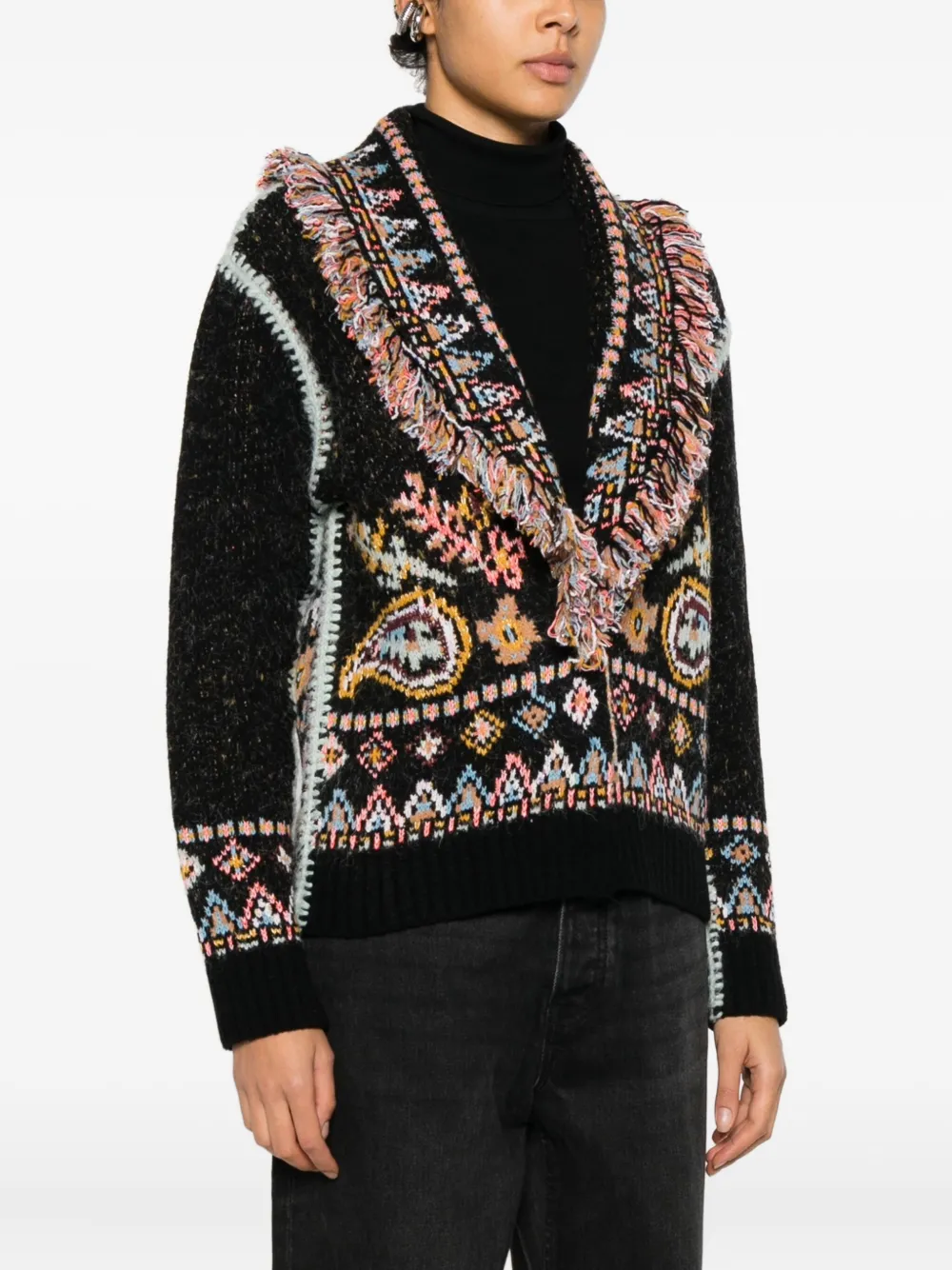 Cecilia Prado Isadora Fringed Patterned Cardigan In Black