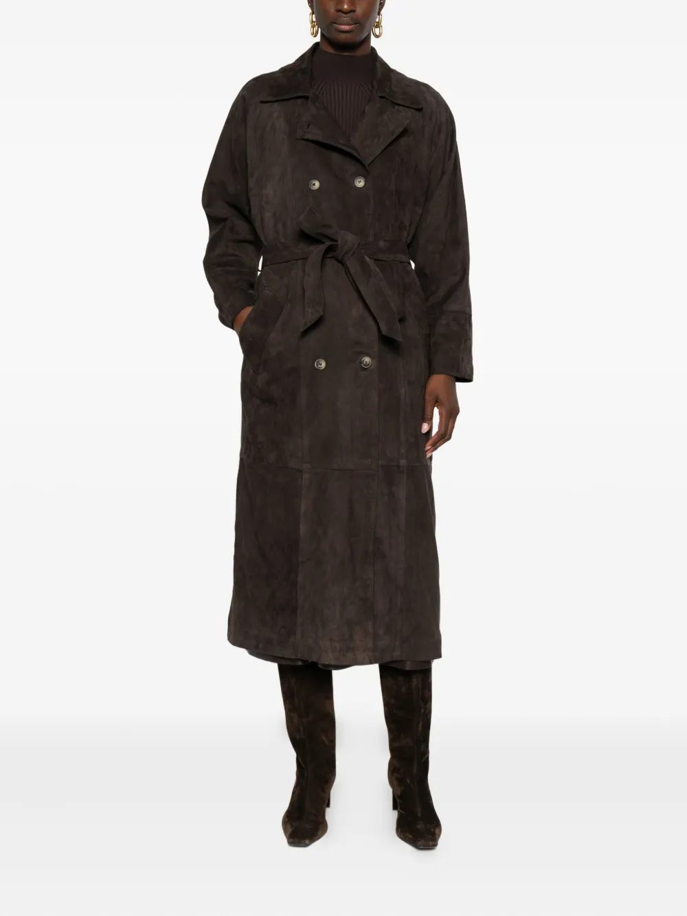 Mara Bini Leather Double-breasted Coat In Brown