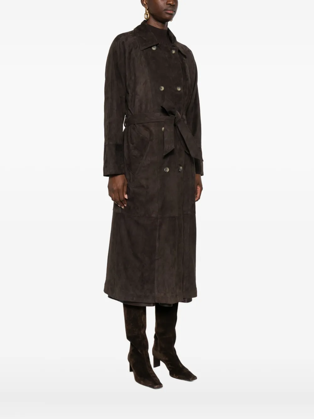 Mara Bini Leather Double-breasted Coat In Brown