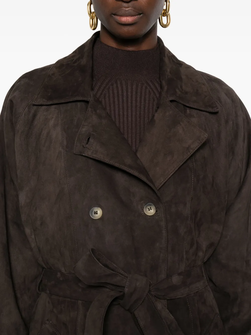Mara Bini Leather Double-breasted Coat In Brown