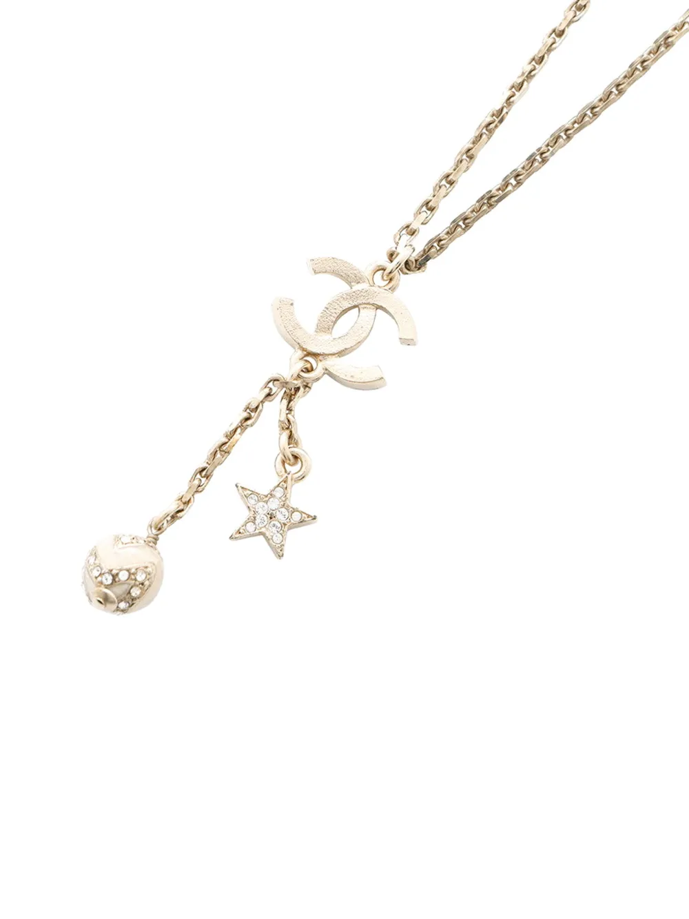 Pre-owned Chanel 2023 Gold Plated Cc Rhinestones Star And Ball Pendant Necklace Costume Necklace