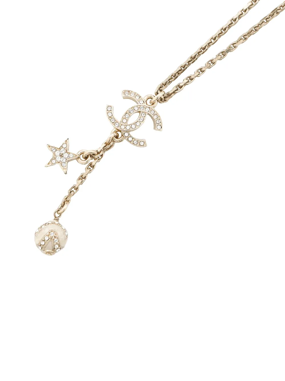 Pre-owned Chanel 2023 Gold Plated Cc Rhinestones Star And Ball Pendant Necklace Costume Necklace