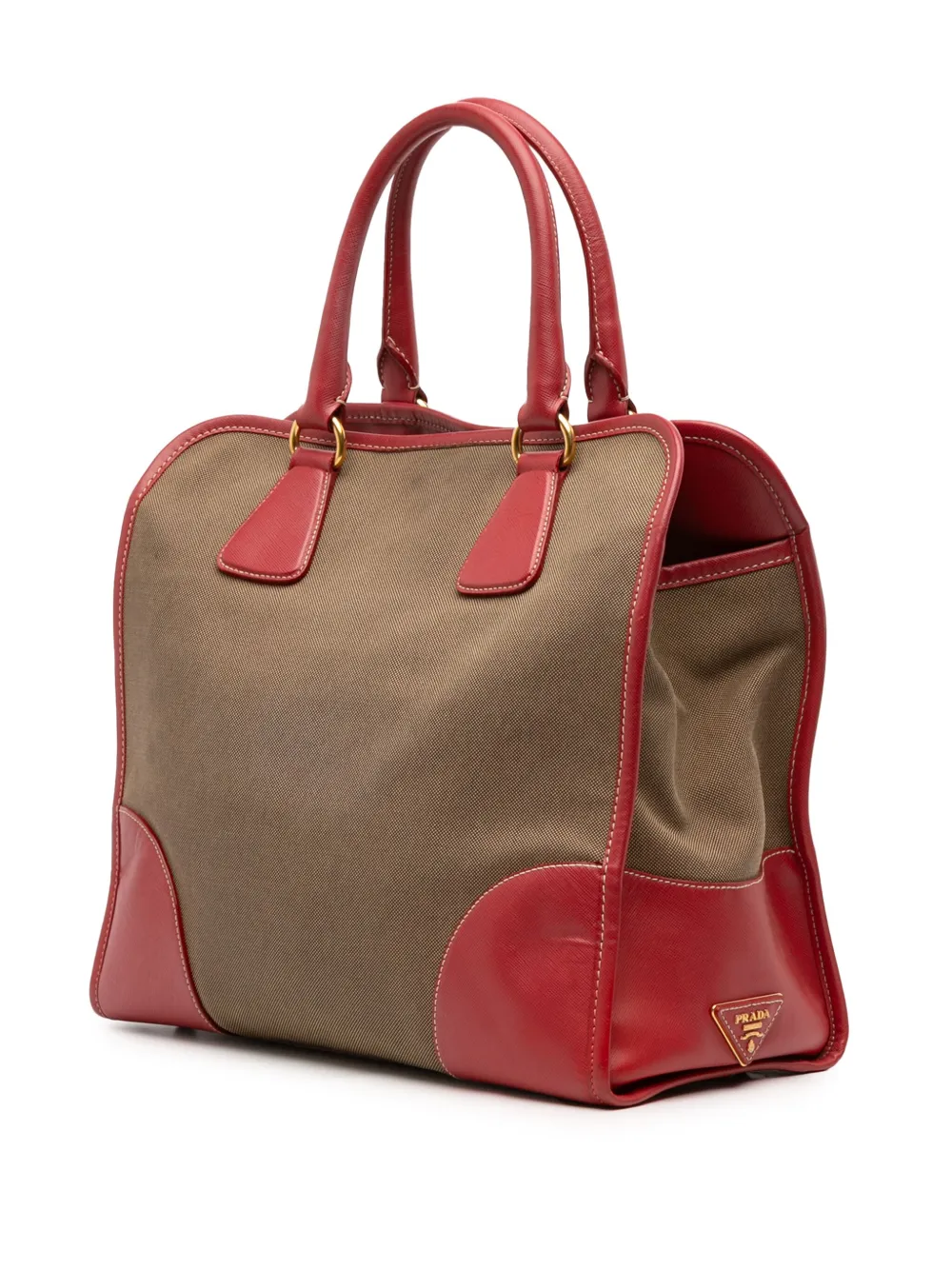 Pre-owned Prada 2000-2025 Saffiano Trimmed Canvas Canapa Logo Satchel In Brown