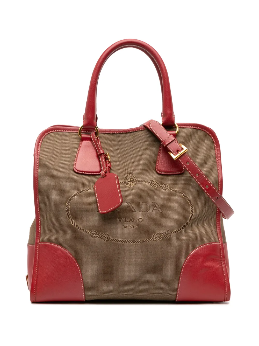 Pre-owned Prada 2000-2025 Saffiano Trimmed Canvas Canapa Logo Satchel In Brown