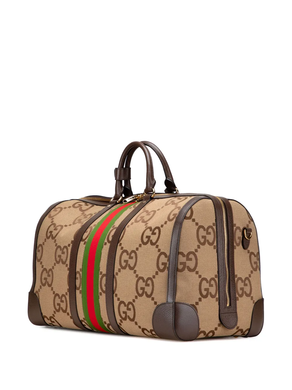 Pre-owned Gucci 2000-2015 Large Jumbo Gg Canvas Web Duffle Bag Travel Bag In Brown