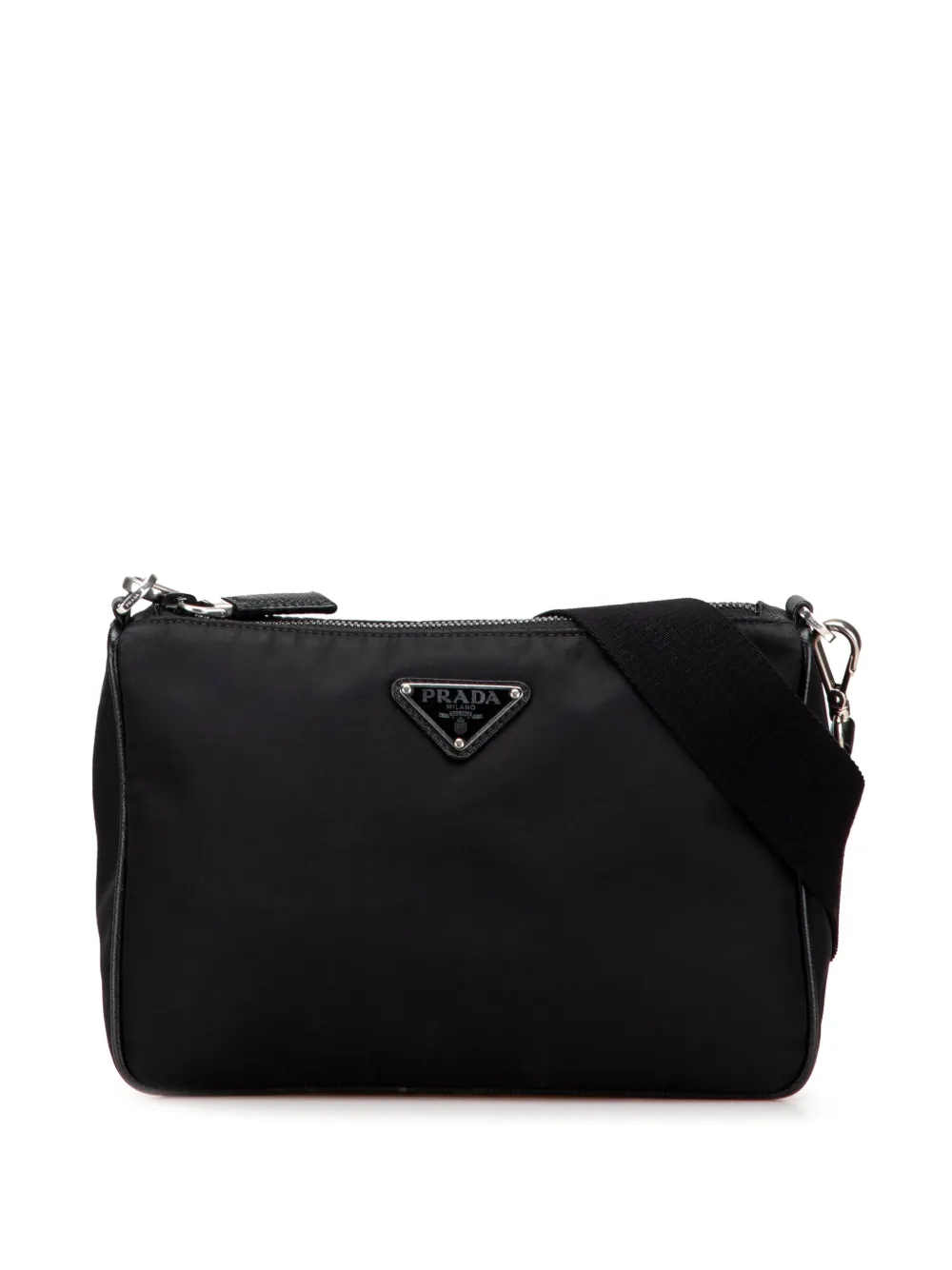 Pre-owned Prada 2013-2025 Saffiano Trimmed Re Nylon Zip Top Crossbody Bag In Black