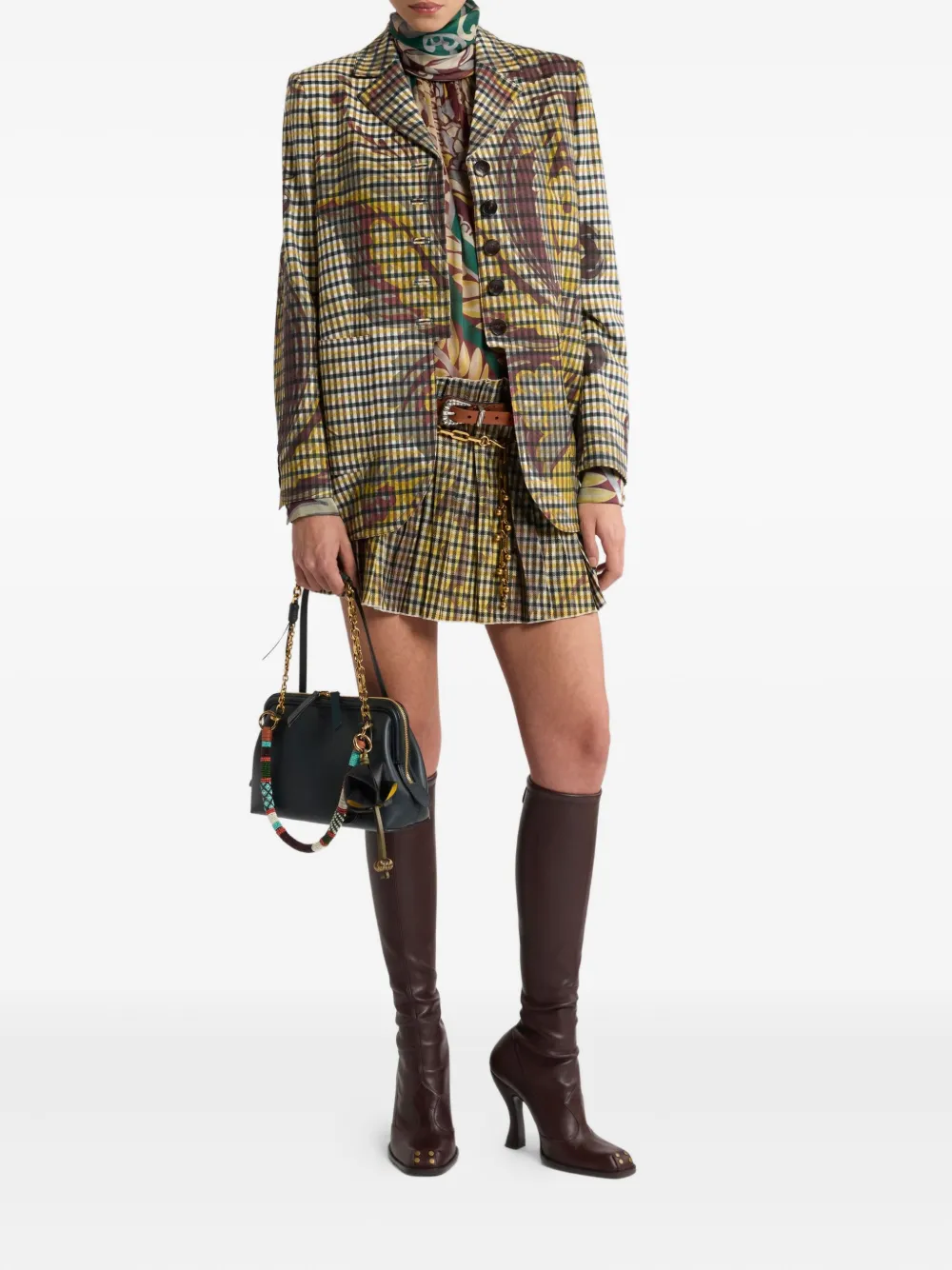 Etro Gingham Pleated Mini Skirt In Brown