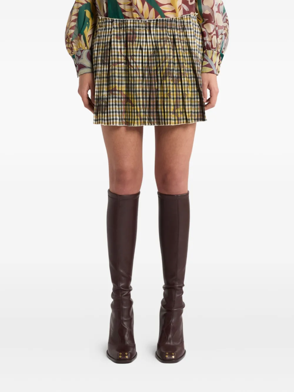 Etro Gingham Pleated Mini Skirt In Brown